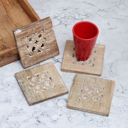 Modern Jali Engraved Wooden Coasters - Pack of 4